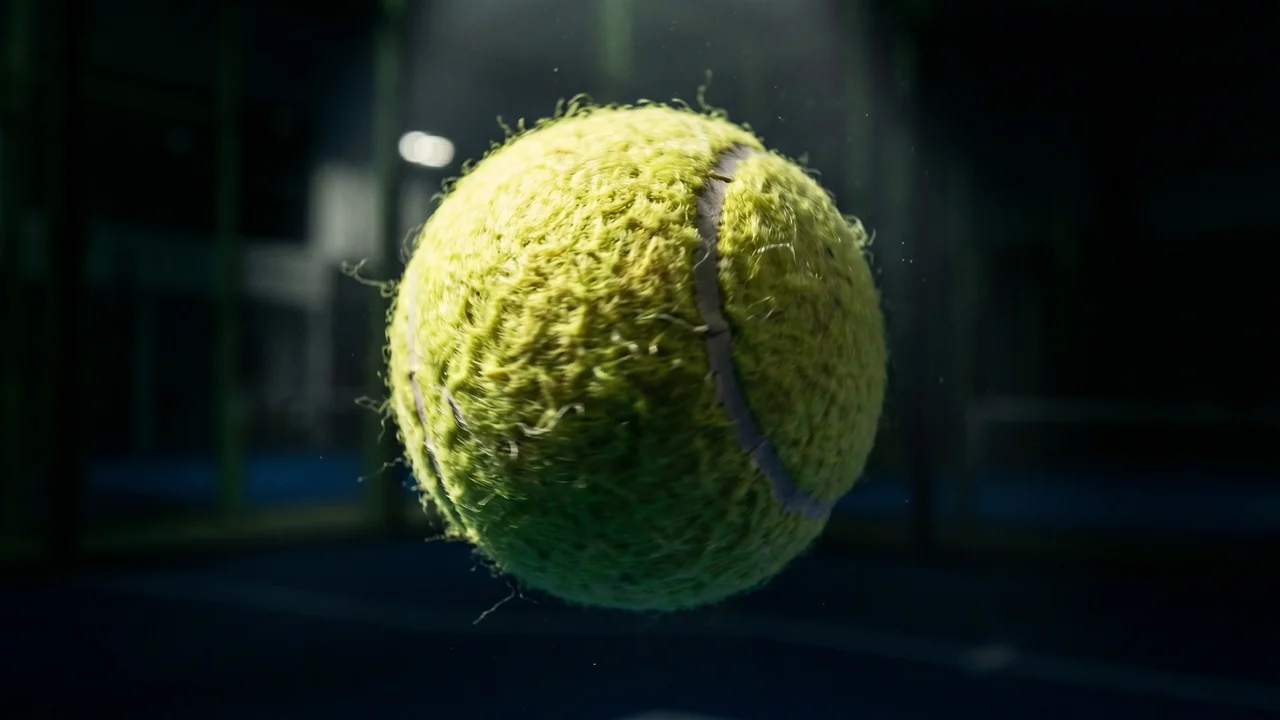 Primer plano extremo de una bola de pádel girando en el aire con textura de fieltro en movimiento rotacional