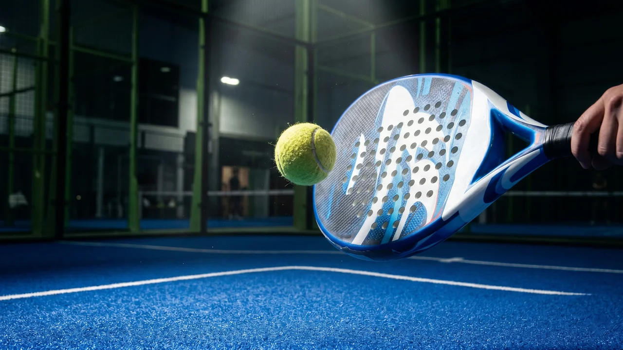 Bola de pádel congelada en el momento de impacto con una raqueta azul y blanca sobre pista interior