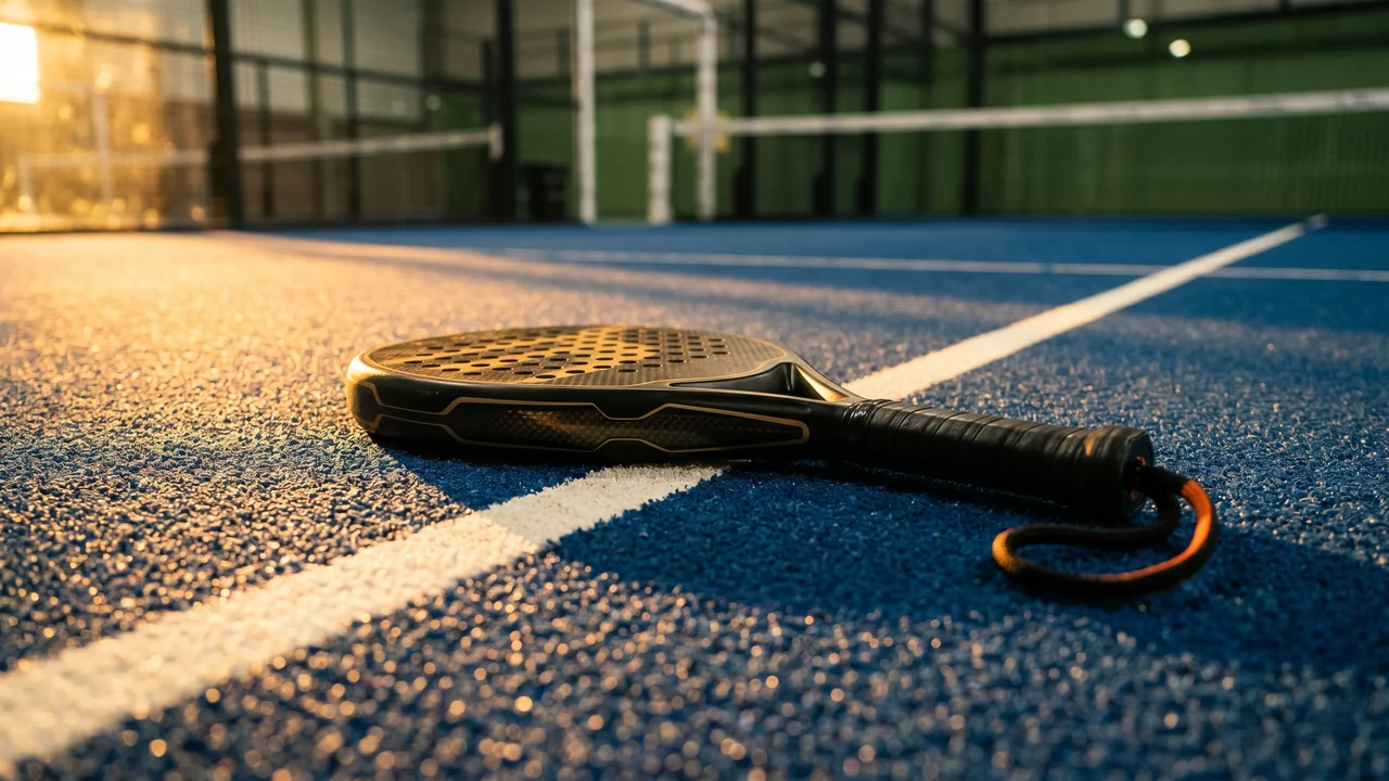 Raqueta de pádel sobre pista azul con línea de fondo y luz dorada lateral